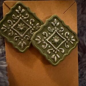 Green and Silver Decorative Handmade Polymer Clay Earrings